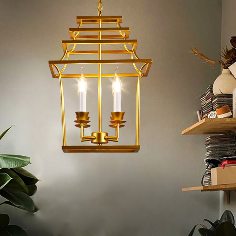 Vintage Golden Lantern Cage Pendant Lamp With 4 Metal Lights For Stylish Living Room Lighting