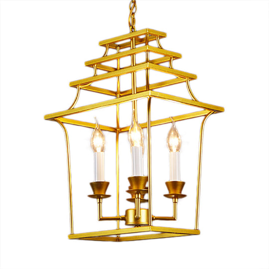 Vintage Golden Lantern Cage Pendant Lamp With 4 Metal Lights For Stylish Living Room Lighting Gold