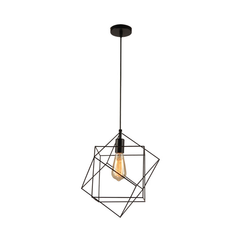 Hanging Industrial Black Metal Pendant Light - 1 Light Structural Cubic Design for Dining Room