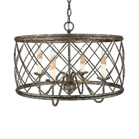 Aged Silver X-Cage Pendant Chandelier With Drum Shade - Antique Style 4 Lights Perfect For Foyers