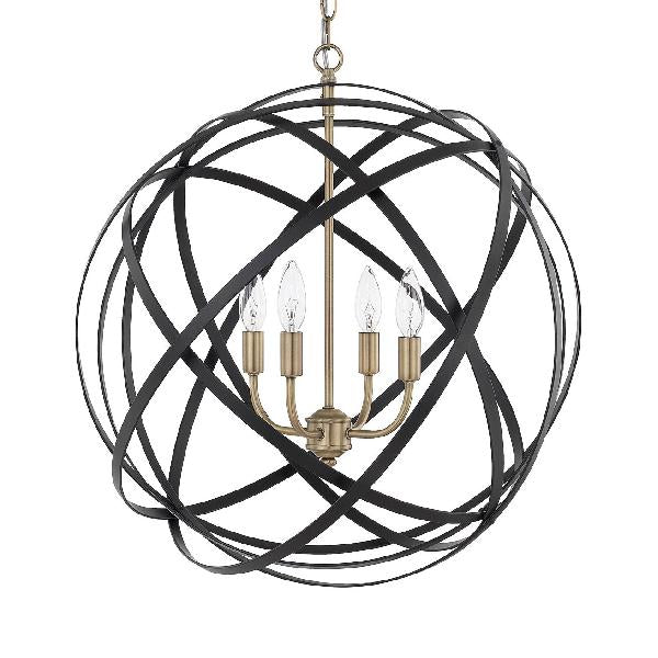 Vintage Stylish Spherical Cage Chandelier - 4-Light Metallic Hanging Light In Black Finish For