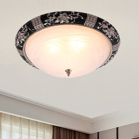 Black-Gold Semi-Orb Flush Mount Lamp With Satin Glass Shade For Hallway / 14