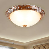 Milky Glass Brown Ceiling Lamp - Semi-Spherical 3 Bulb Flush Mount Lighting With Flower Pattern