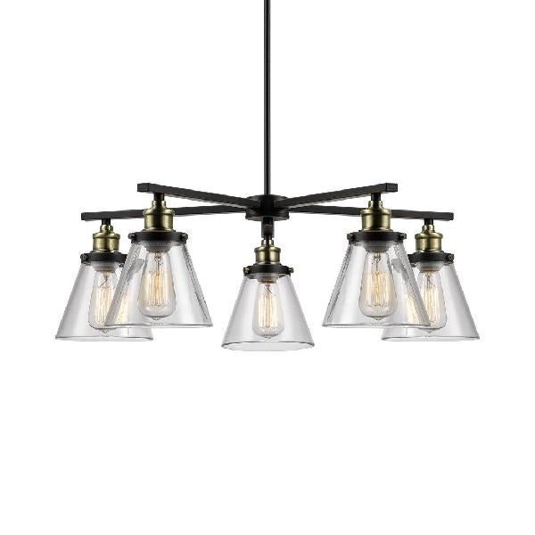 Vintage 5-Light Cone Shade Chandelier: Clear Glass Pendant Lighting For Dining Room Black Finish