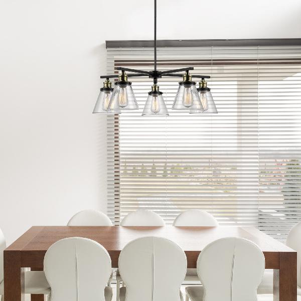Vintage Black 5-Light Chandelier Pendant with Clear Glass Cone Shades for Dining Room Lighting