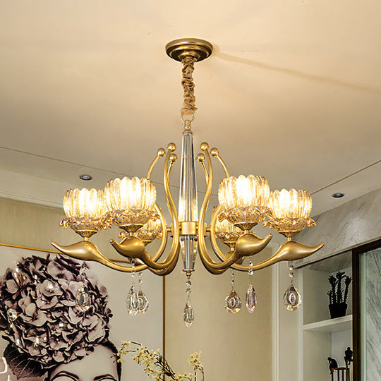 Lotus Shade 6-Light Pendulum Chandelier - Traditional Gold Finish With Clear Crystal Pendant