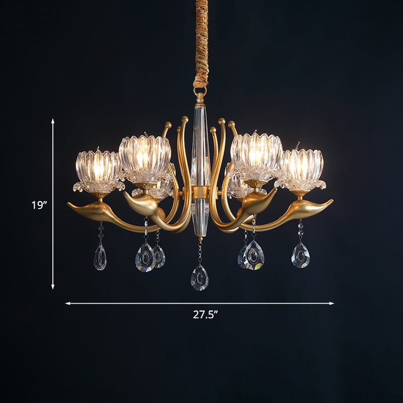 Lotus Shade 6-Light Pendulum Chandelier - Traditional Gold Finish With Clear Crystal Pendant