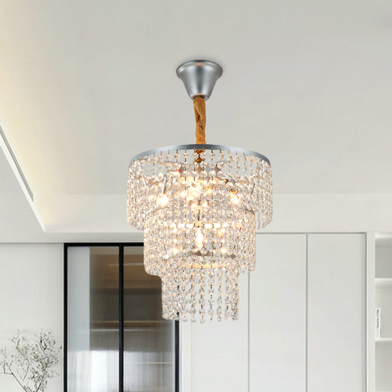 Modern 4-Light Bedroom Suspension Chandelier - Silver Finish With 3-Tier Crystal Strand Shade