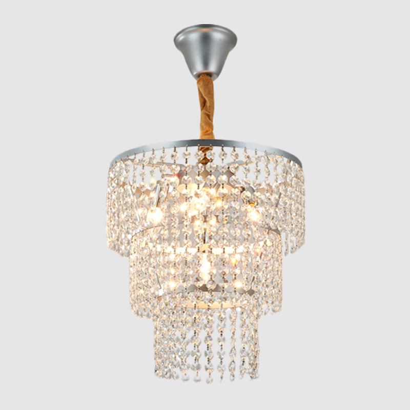 Modern Silver Chandelier with 3-Tier Crystal Strand Shade - Bedroom Suspension Light - 4 Lights