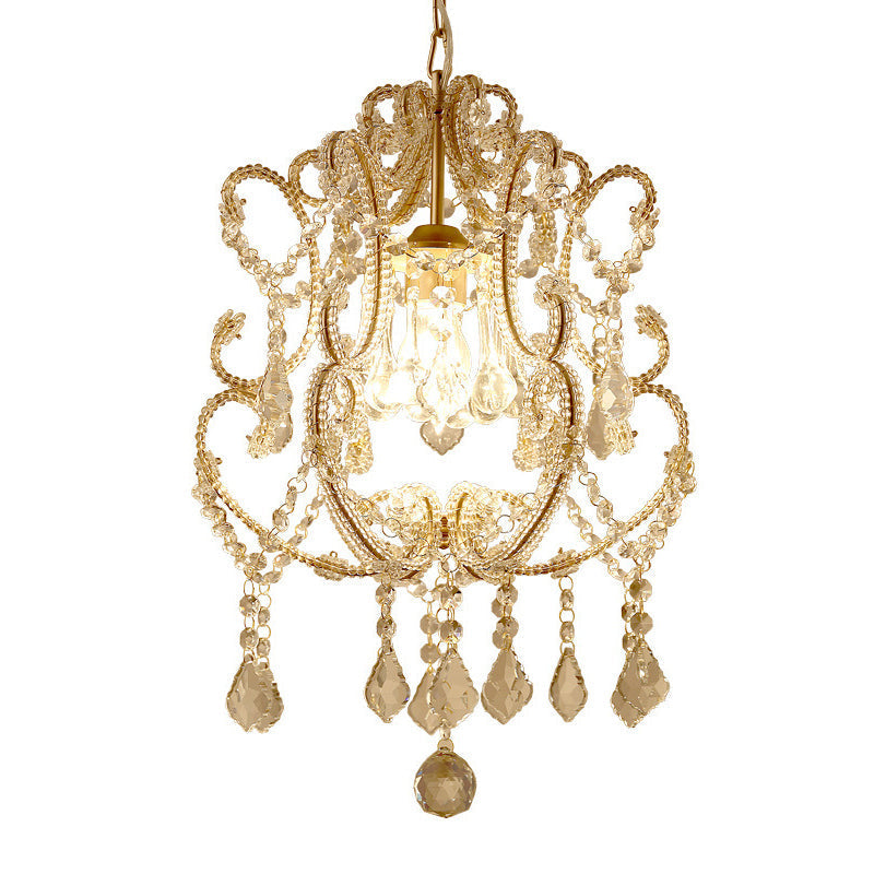 Gold Finish 1-Light Suspension Traditional Crystal Beaded Pendant Lamp