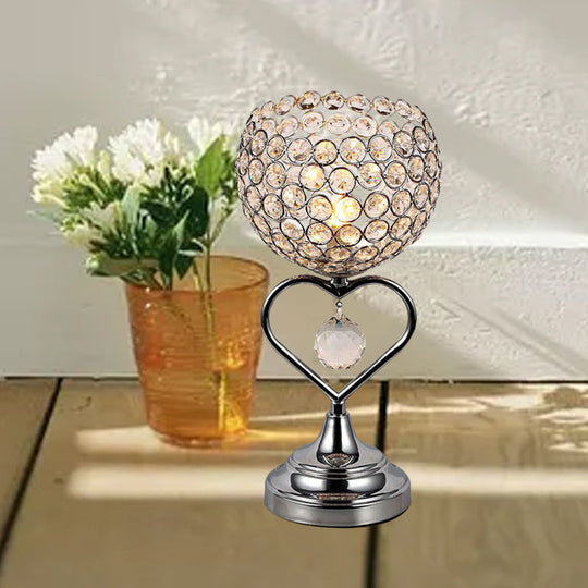 Modernist Crystal-Encrusted Chrome Domed Night Lamp With Loving Heart Detail - 1-Light Table Light