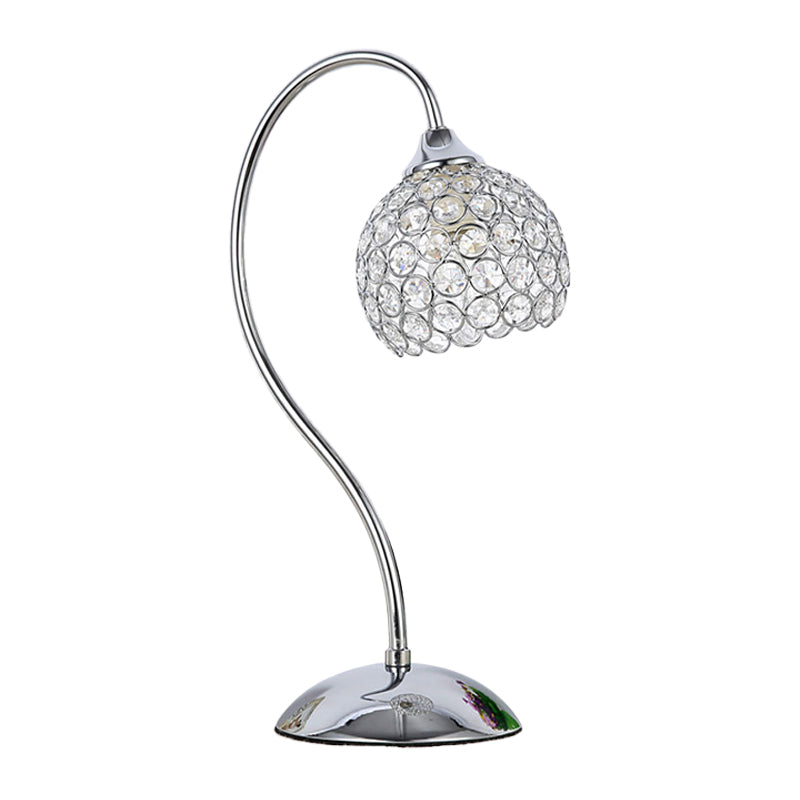 Crystal-Encrusted Dome Table Lamp: Modernist Chrome Desk Light With Gooseneck Arm