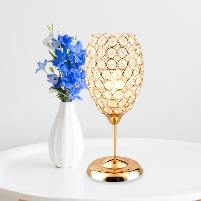 Modernist Crystal-Encrusted Bedside Lamp: Gold Cup-Shaped Night Table Light
