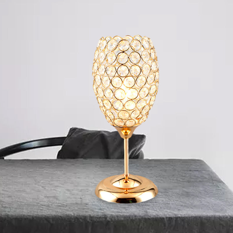 Modernist Crystal-Encrusted Bedside Lamp: Gold Cup-Shaped Night Table Light