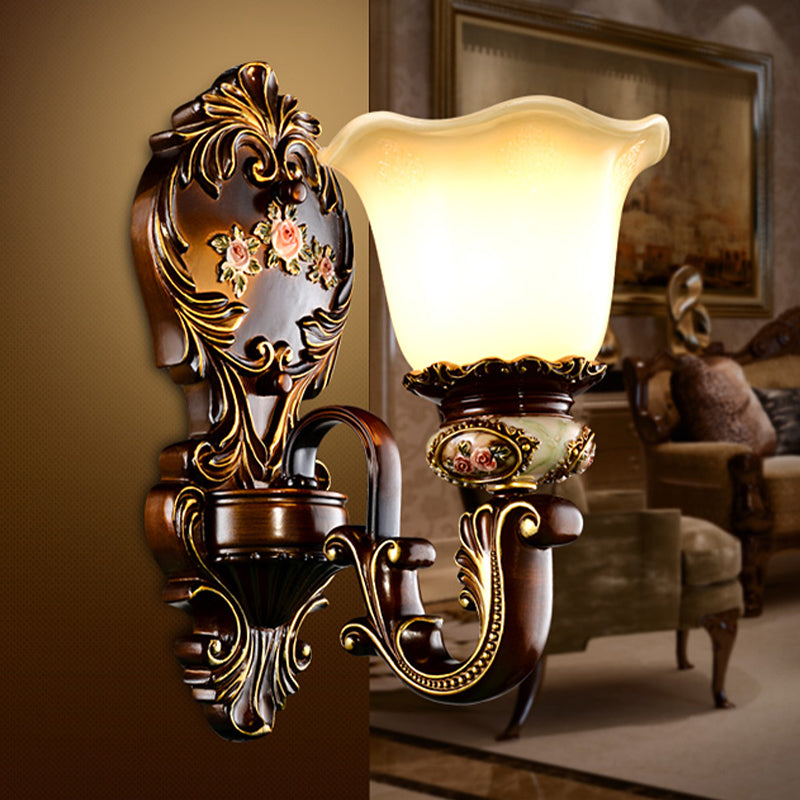 Frosted Glass Bloom Wall Sconce Light Fixture For Bedroom - Brown 1/2 Heads Countryside Lighting 1 /