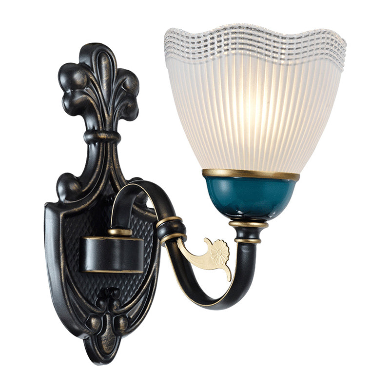 Traditional Wall Mount Sconce Lamp With Ribbed Glass And Curvy Arm Design