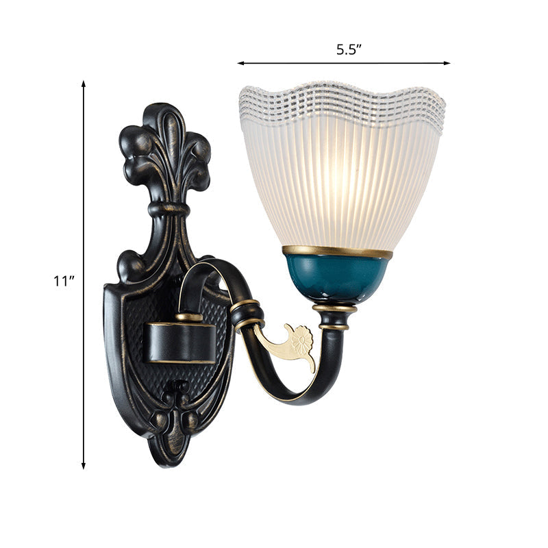 Traditional Wall Mount Sconce Lamp With Ribbed Glass And Curvy Arm Design