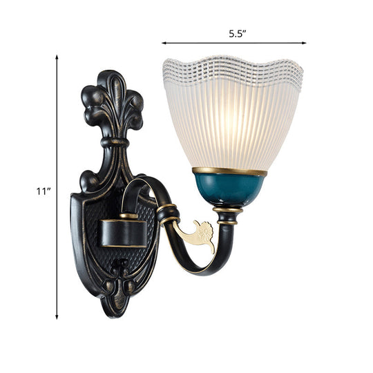 Traditional Wall Mount Sconce Lamp With Ribbed Glass And Curvy Arm Design