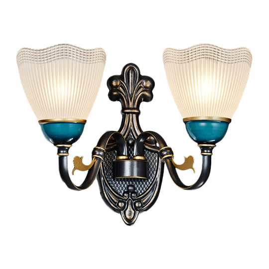 Traditional Wall Mount Sconce Lamp With Ribbed Glass And Curvy Arm Design