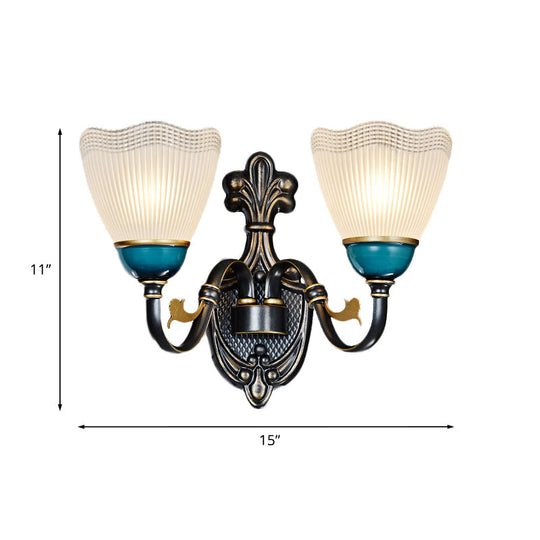 Traditional Wall Mount Sconce Lamp With Ribbed Glass And Curvy Arm Design