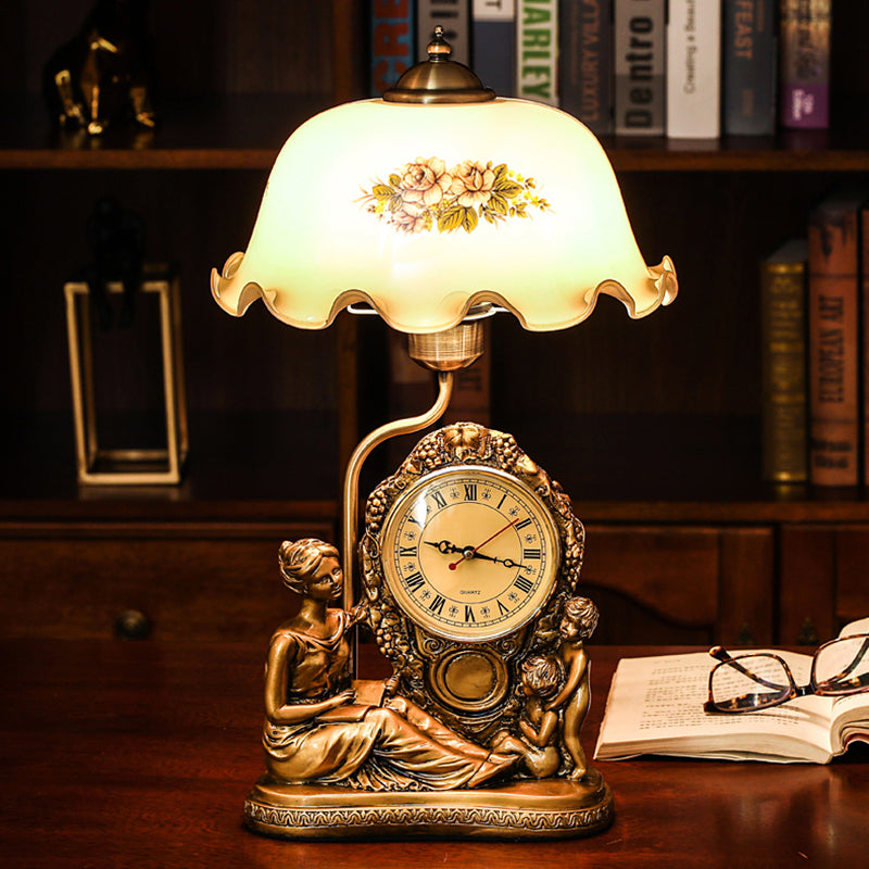 Vintage Brass Scalloped Table Lamp With Opaline Glass Bowl - Book Light Clock And Woman Deco