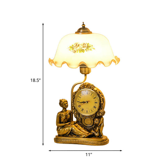 Vintage Brass Scalloped Table Lamp With Opaline Glass Bowl - Book Light Clock And Woman Deco