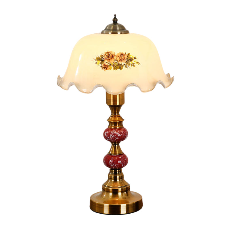 Scalloped Glass Countryside Table Lamp With White Printed Flower Design Brushed Brass Base