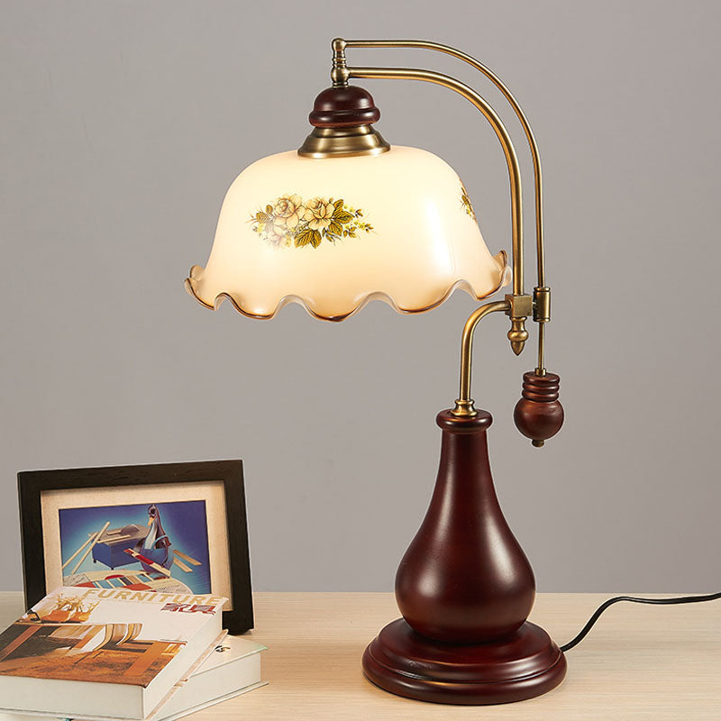 Semi-Sphere Glass Pleated Desk Lamp - Retro Vase Design Brown Finish Bedroom & Reading Light With