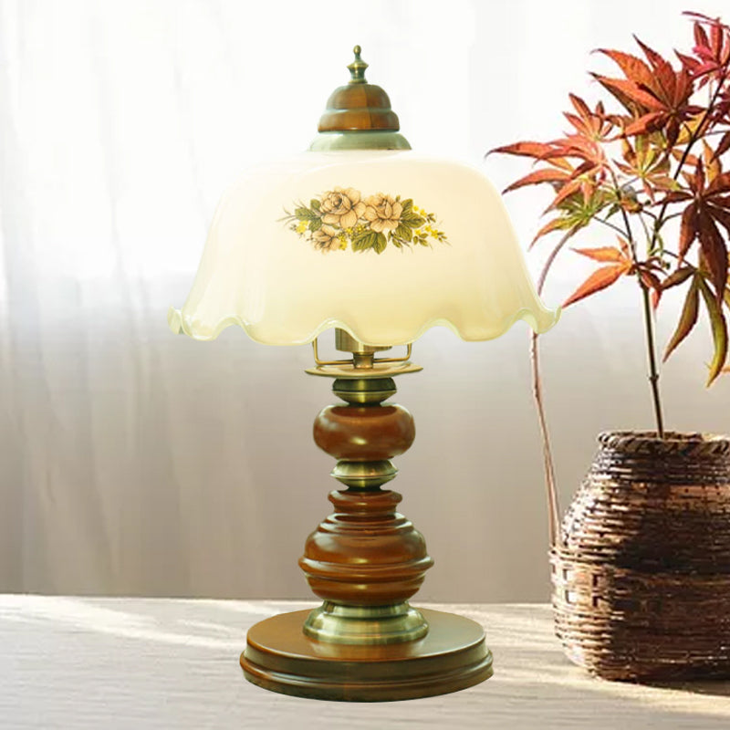 Opal Glass Brown Scalloped Table Lamp With Baluster Design - Classic 1-Bulb Book Reading Light