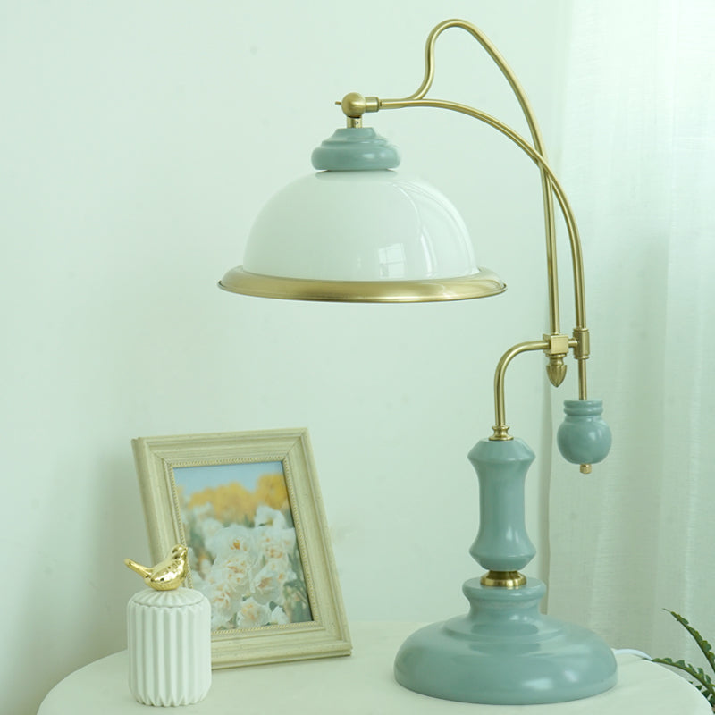 Vintage Blue Bowl Lamp With Frosted Glass Shade - 1-Light Nightstand Lighting