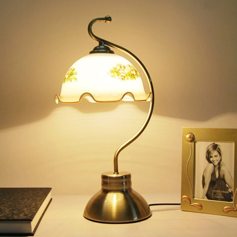 Traditional Brushed Brass 1-Head Night Light With Scalloped Milky Glass Ideal For Study Room