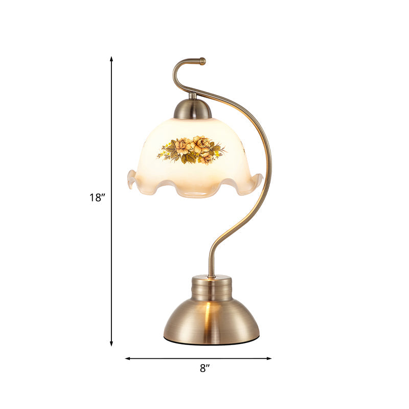 Traditional Brushed Brass 1-Head Night Light With Scalloped Milky Glass Ideal For Study Room