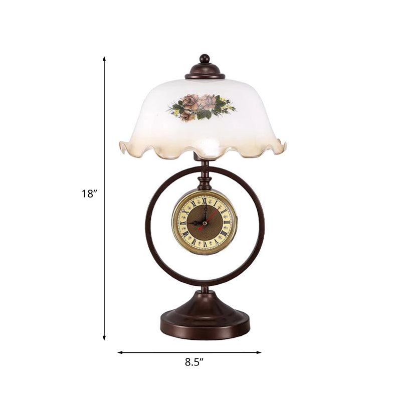 Nicole - Vintage Rust 1 Head Pleated Table Light Vintage Opaline Glass Dome Reading Book Lamp with Ring and Clock