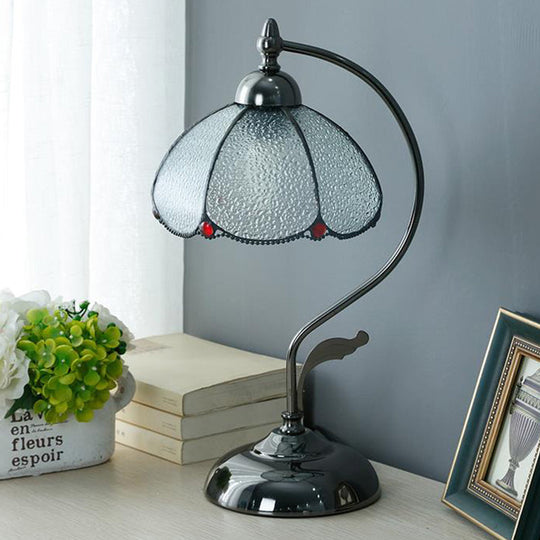 Vintage Dome Nightstand Light: Scalloped Table Lamp In Clear Water Glass With 1-Bulb Black Finish
