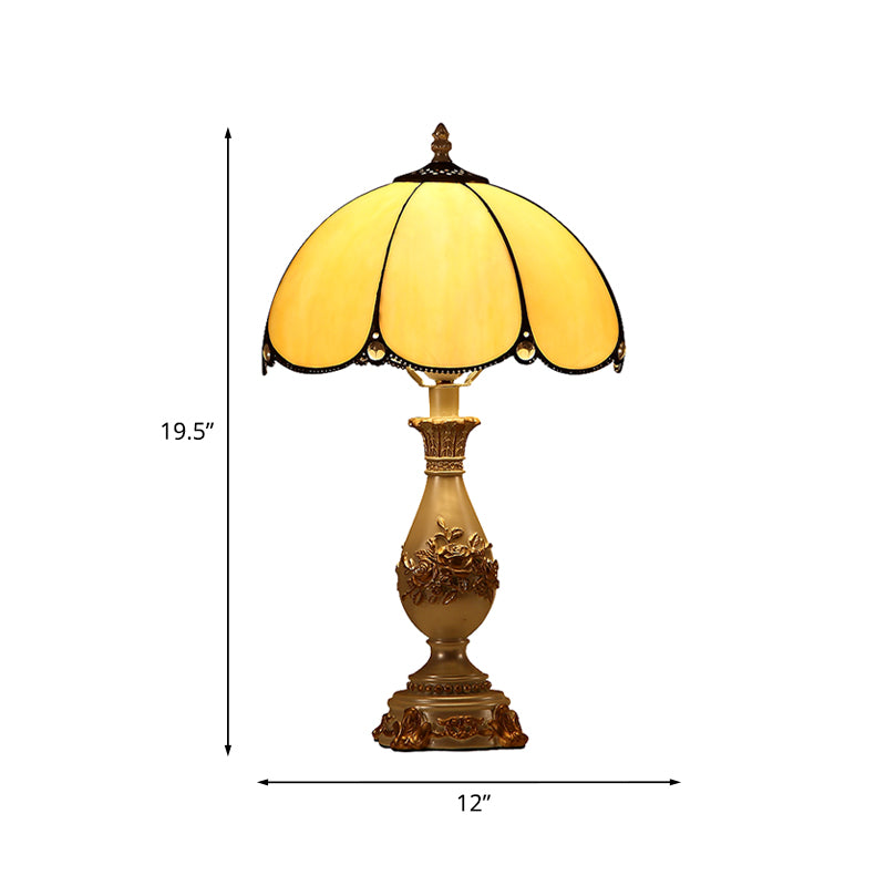 Marta - 1-Head 1-Head Glossy Glass Scalloped Night Lamp Classic Beige Bowl Bedroom Reading Light with Carved Vase Pedestal
