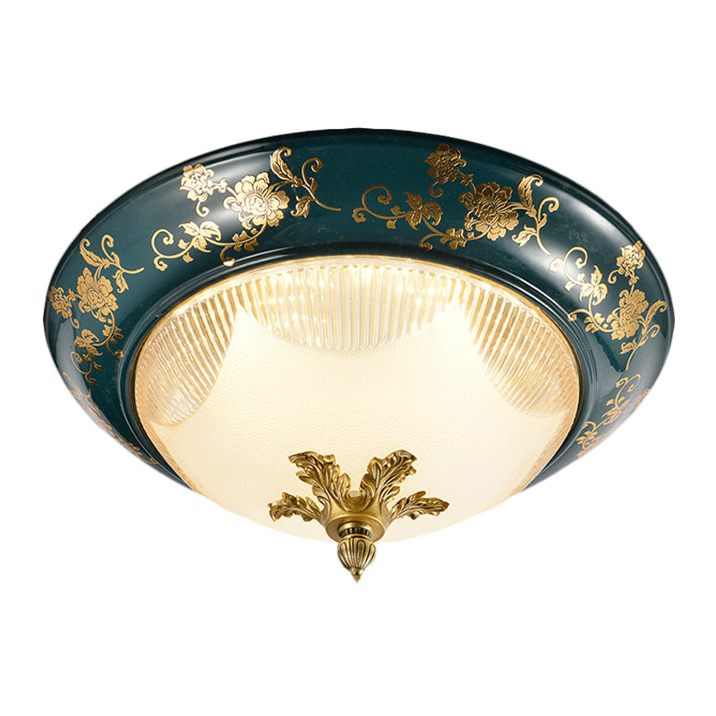 Green Bloom Pattern Ceiling Fixture With 3 Ribbed Glass Shades - Classic Round Design
