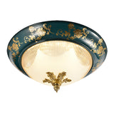Green Bloom Pattern Ceiling Fixture With 3 Ribbed Glass Shades - Classic Round Design