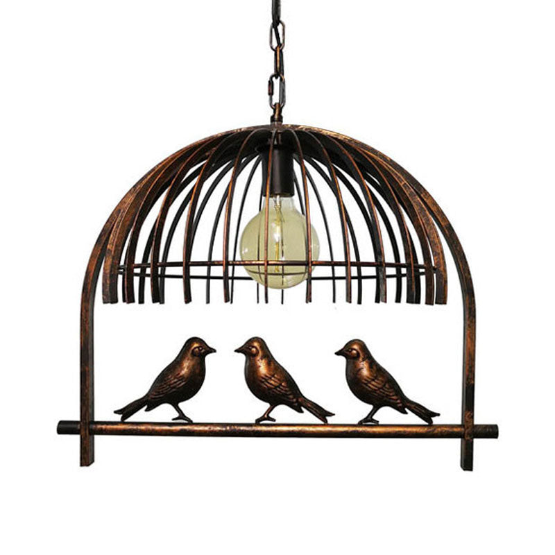 Bird-Decorated Cage Style Ceiling Light: Single Head Countryside Hanging Lamp Kit In Bronze