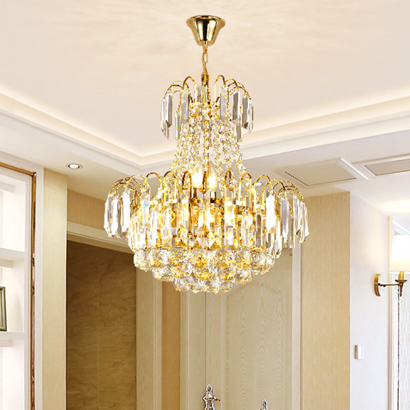 Contemporary Crystal Chandelier With 6 Gold Lights - Flute Conic Pendulum Design