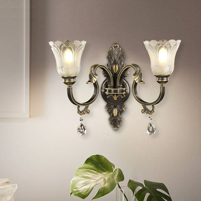 Modern Floral Shade Wall Sconce With Crystal Drip - 2 Lights Black & Gold Black-Gold