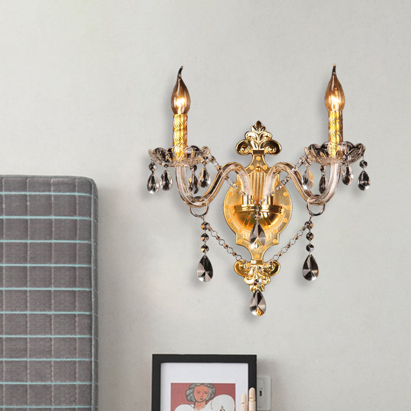 Minimalist Crystal Teardrop Wall Sconce - 2-Light Gold Candlestick Fixture