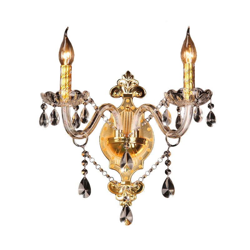 Minimalist Crystal Teardrop Wall Sconce - 2-Light Gold Candlestick Fixture