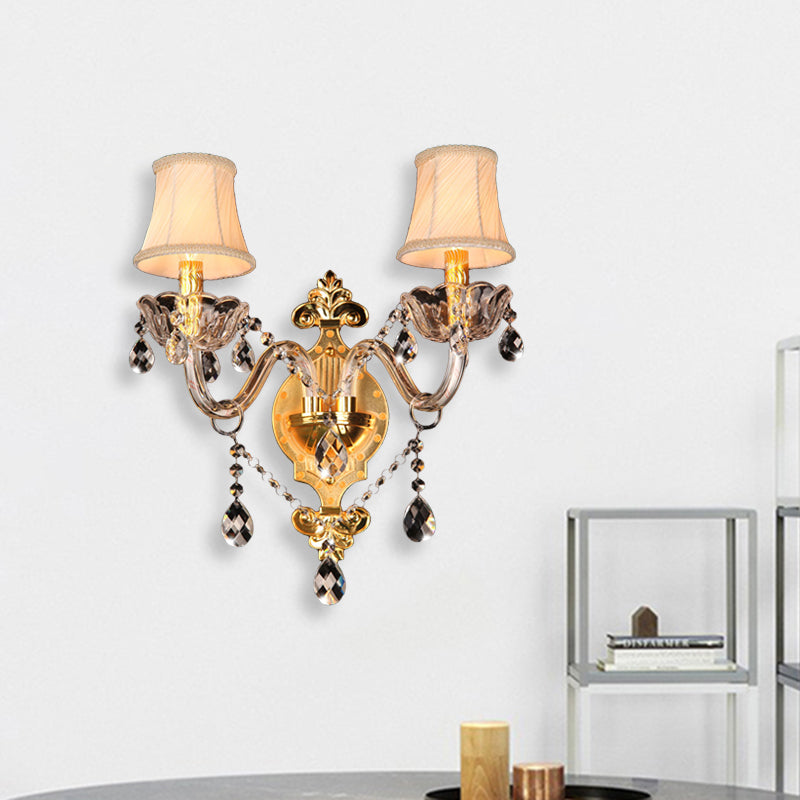 Gold Crystal Drip Wall Sconce With Bell Shade - Bedroom Mounted Light Elegant 2-Bulb Lighting