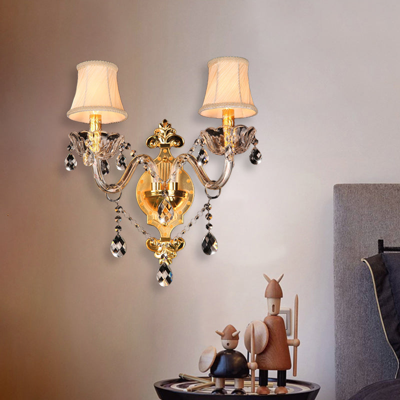Gold Crystal Drip Wall Sconce With Bell Shade - Bedroom Mounted Light Elegant 2-Bulb Lighting