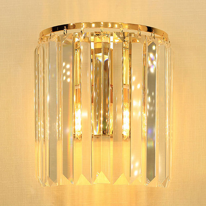 Simple Gold Wall Sconce With Semi Cylindrical Crystal Block - 1 Head Mounted Light Fixture
