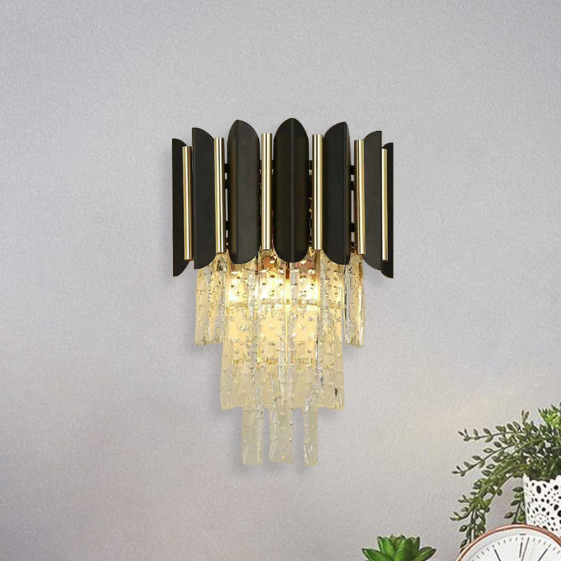 Tapered Crystal Block Bedside Sconce Light: Modern Black Wall Mounted Lighting