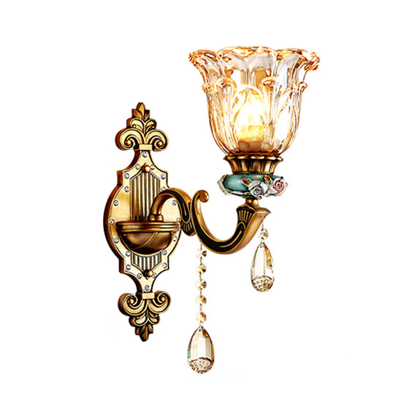 Simple Floral Crystal Prism Brass Sconce Light Fixture - 1-Head Wall Lighting Idea