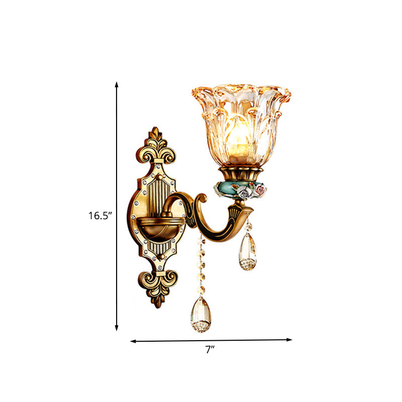 Simple Floral Crystal Prism Brass Sconce Light Fixture - 1-Head Wall Lighting Idea
