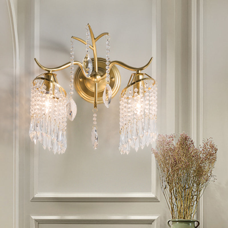 Modern Gold Crystal Teardrop Wall Sconce With Windbell Design - 2 Heads Lighting