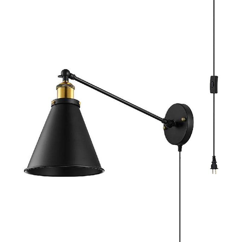 Industrial Rotatable Cone Plug-In Sconce Lamp With Cord For Bedroom - Black